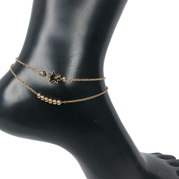 Gold Double Strand Simple Bead and Star Anklet - Picture 2 of 4